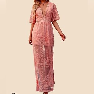 Wicky LS Women's Sleeveless Long Dress Low V-Neck High Split Lace Romper